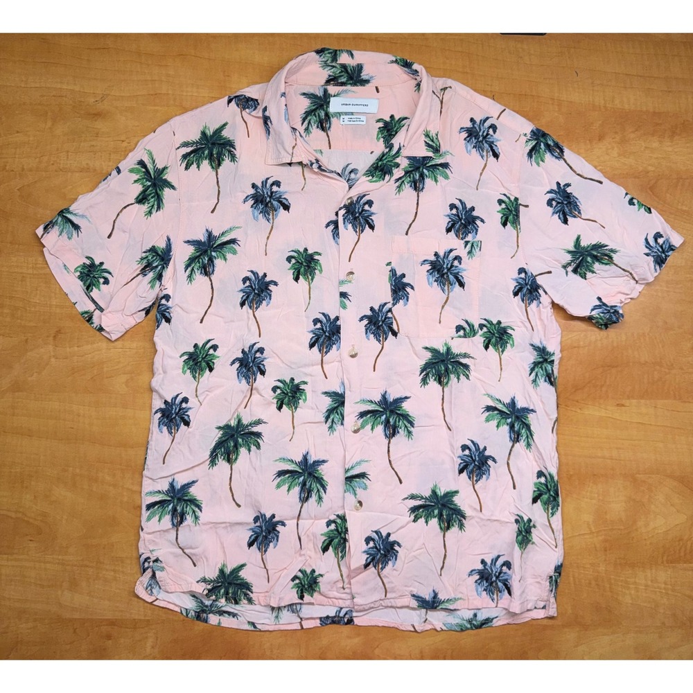 Urban Outfitters Mens Pink Palm Tree Tropical Rayon Short Sleeve Button Down